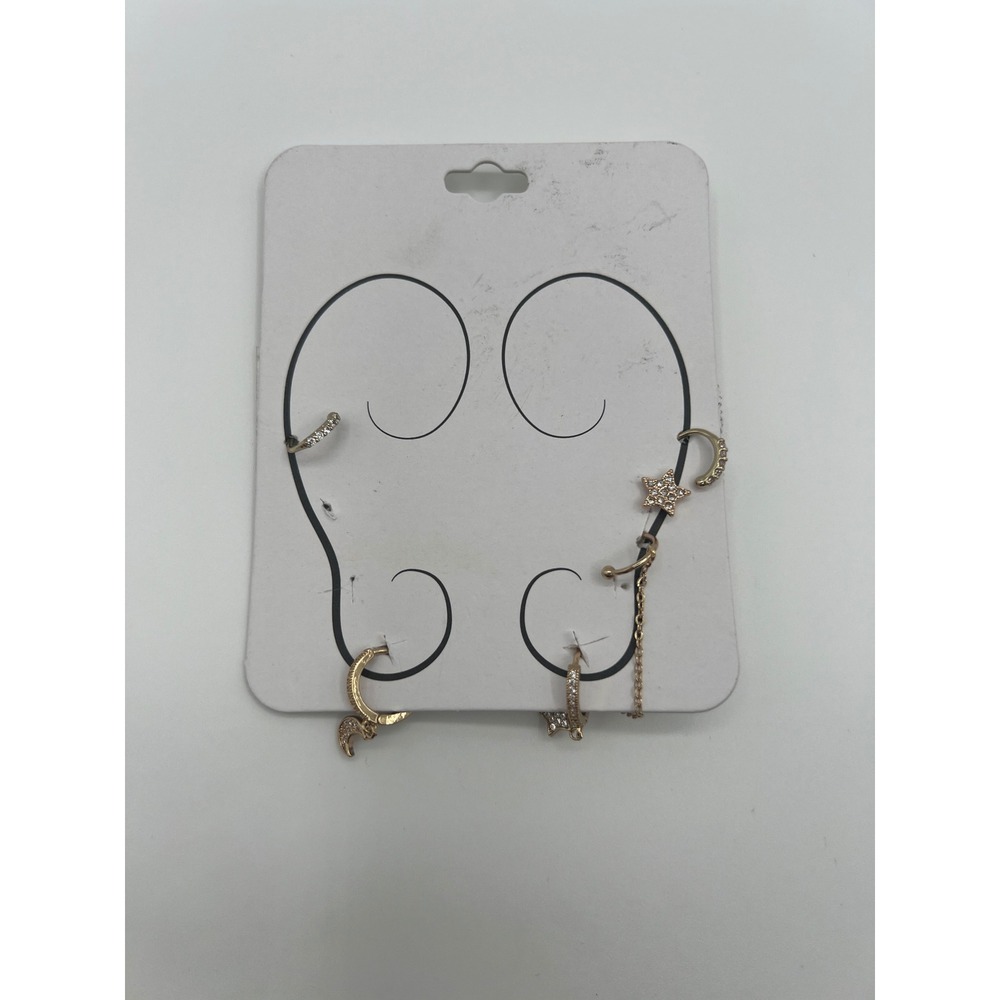 Gold Tone Celestial Earring Set Moon Star Pave Crystal Hoops Cuffs 5 Piece